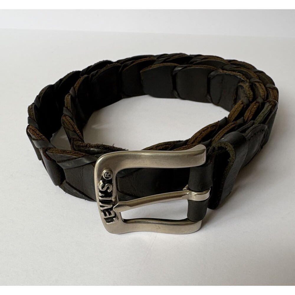 LEVI`S Vintage Leather Belt Black Retro Braided Belt Logo Buckle 43”
